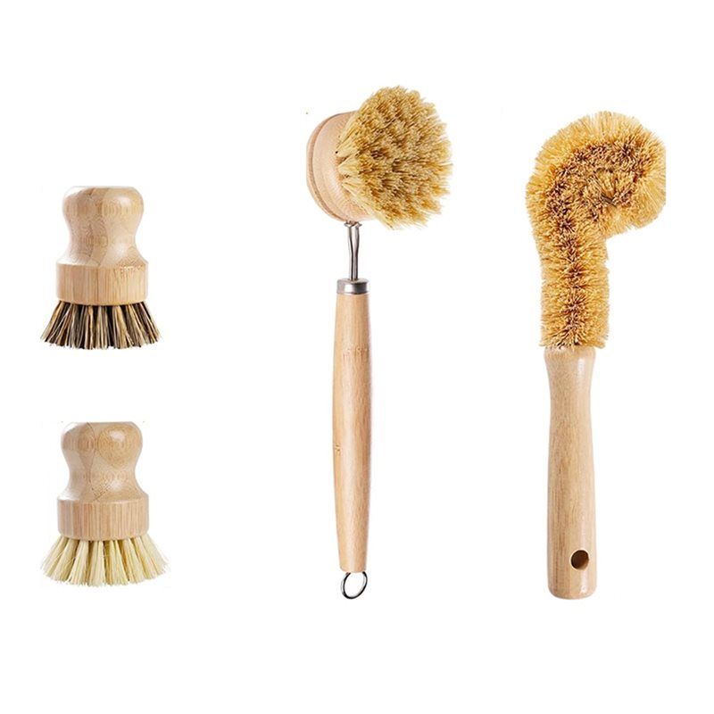 Dish Brush Bamboo - ABNL Ergonomic Wooden Handles 4-Piece Bamboo